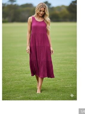 NWT! Eileen Fisher Size L Sleeveless Crushed Midi Dress in Berry Plum